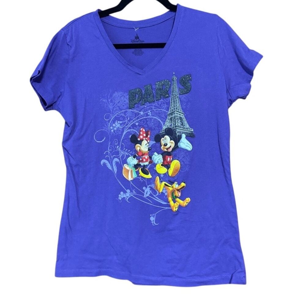 Disney Parks Paris Mickey Minnie Pluto Eiffel Tower Purple V-Neck T-Shirt SZ XXL